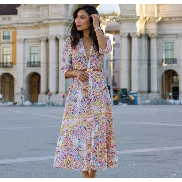 Zara Multicolor Paisley Printed Cotton Midi Shirt Dress Fabric Belt Size Large - Picture 1 of 12